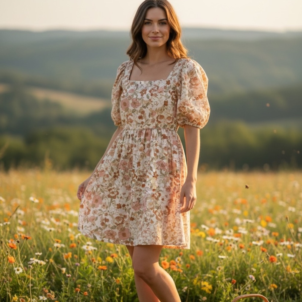 DRESS FORUM BOHO FLORAL MINI DRESS PUFF SLEEVES AND BOW COASTAL COWGIRL LARGE - Picture 2 of 16